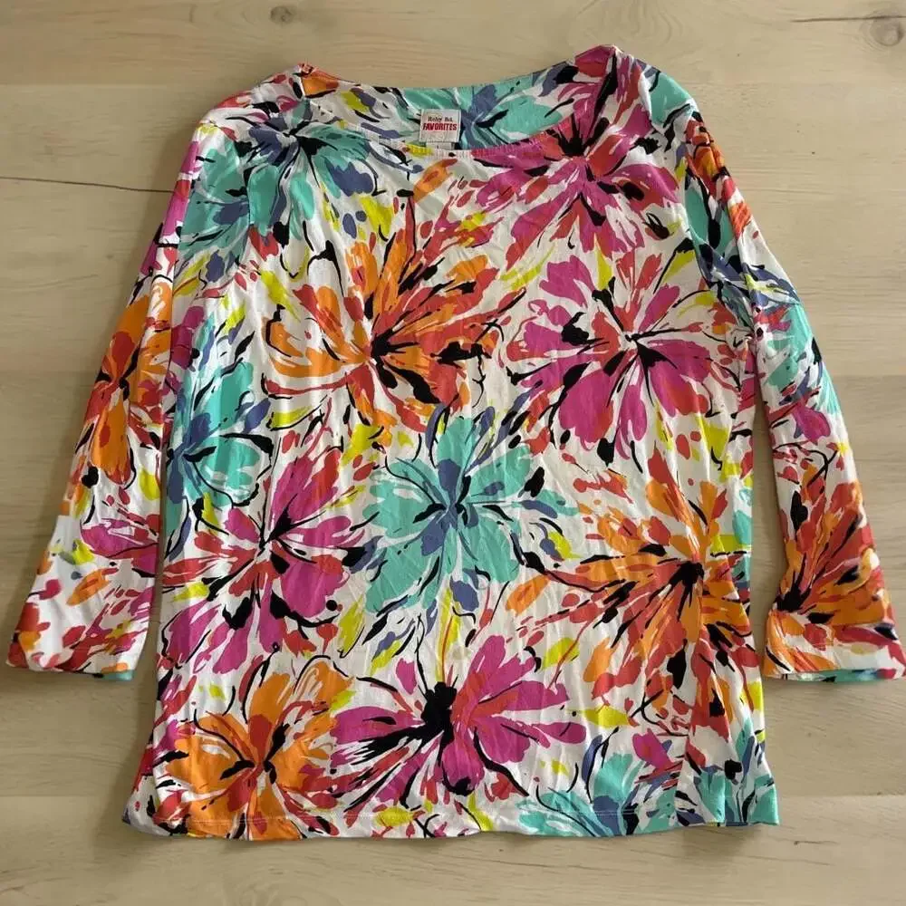Ruby Rd. Favorites Floral Abstract Print 3/4 Sleeve Boat Neck Top Sz Lg - Picture 1 of 6